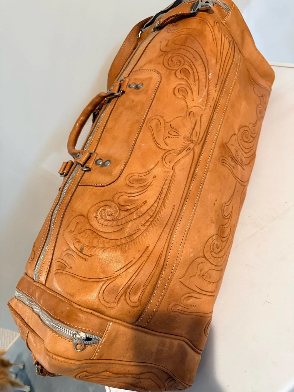 Vintage Leather Tooled Travel Duffel Bag